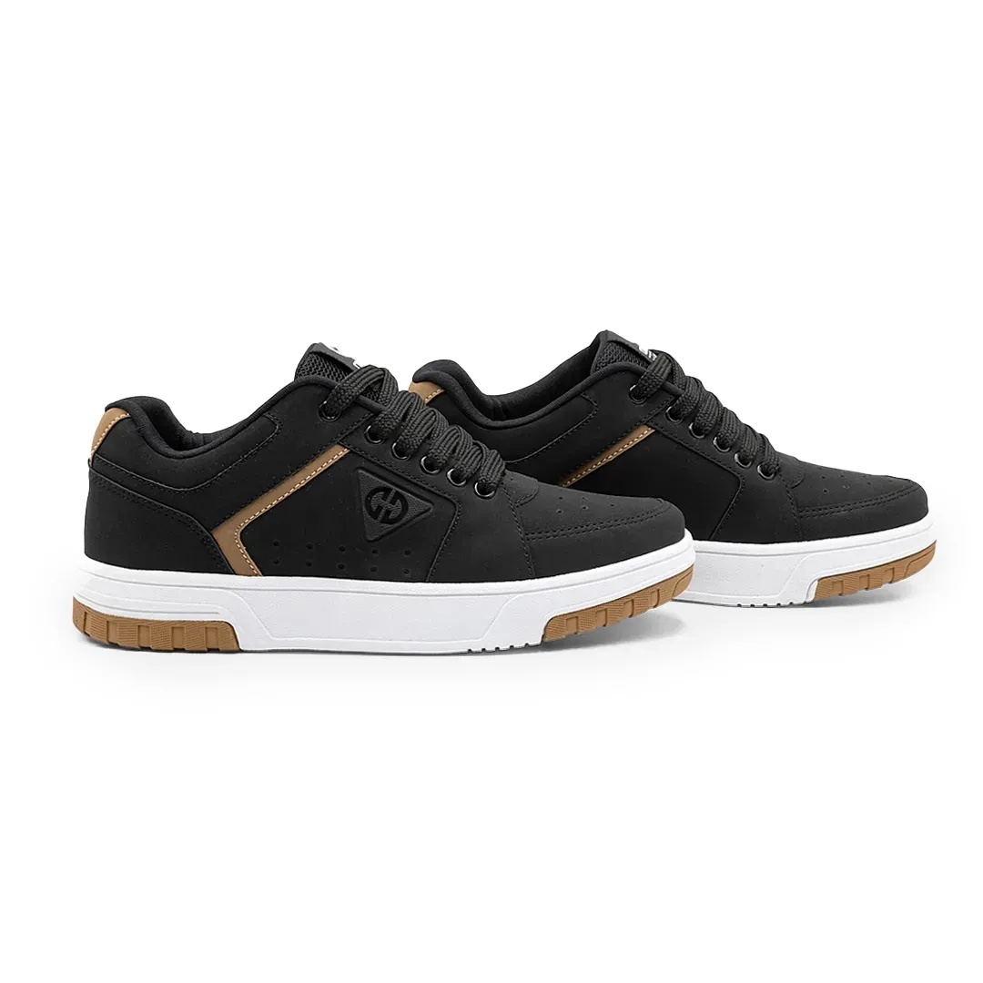 Tênis Ollie Volt2 Street Skate Preto Masculino em ângulo lateral direito mostrando detalhes em marrom